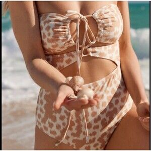 AERIE Cheeky One Piece Swimsuit Women's Size Small Cream/Tan Dot Leopard Print